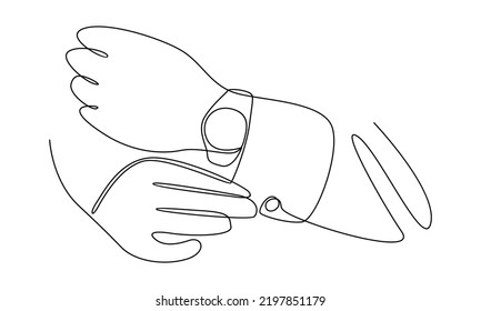 continue line of wristwatch on the hand of businessman in suit. Time on wrist watch
