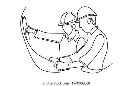 Continue line of young company manager do quality control to sketch draft blueprint design vector illustration