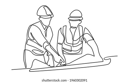 Continue line of young company manager do quality control to sketch draft blueprint design vector illustration