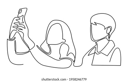 Continue line of young man and woman, holding smartphone, making selfie photo vector illustration