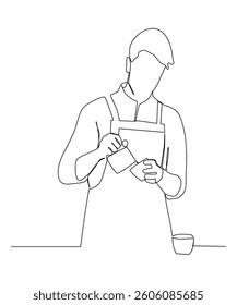 Continue one line of barista pouring milk to coffee.