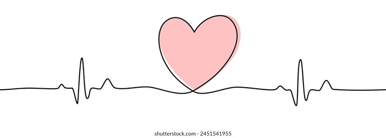 Continue one line heart and normal sinus rhythm heart graph. Vector Medical Illustration.