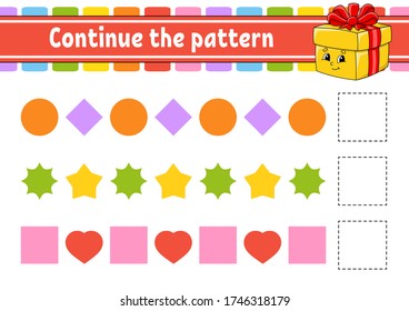 Continue the pattern. Education developing worksheet. Game for kids. Activity page. Puzzle for children. Riddle for preschool. Flat isolated vector illustration. Cute cartoon style.