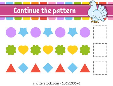 Continue the pattern. Education developing worksheet. Game for kids. Activity page. Puzzle for children. Riddle for preschool. Flat isolated vector illustration. Cute cartoon style.