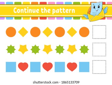 Continue the pattern. Education developing worksheet. Game for kids. Activity page. Puzzle for children. Riddle for preschool. Flat isolated vector illustration. Cute cartoon style.