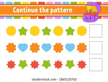 Continue the pattern. Education developing worksheet. Game for kids. Activity page. Puzzle for children. Riddle for preschool. Flat isolated vector illustration. Cute cartoon style.