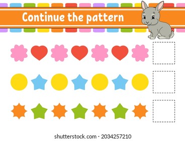 Continue the pattern. Education developing worksheet. Game for kids. Activity page. Puzzle for children. Riddle for preschool. Flat isolated vector illustration. Cute cartoon style.