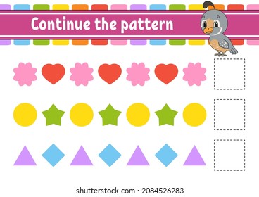 Continue the pattern. Education developing worksheet. Game for kids. Activity page. Puzzle for children. Riddle for preschool. Flat isolated vector illustration. Cute cartoon style.