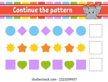 Continue the pattern. Education developing worksheet. Game for kids. Activity page. Puzzle for children. Riddle for preschool. Cute cartoon style. Vector illustration.