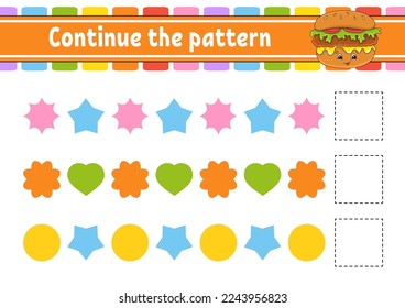 Continue the pattern. Education developing worksheet. Game for kids. Activity page. Puzzle for children. Riddle for preschool. Cute cartoon style. Vector illustration.