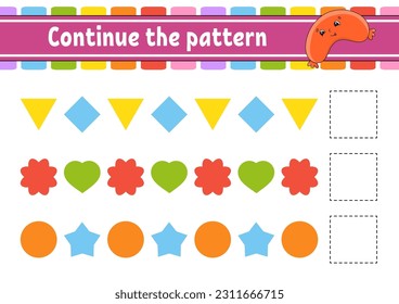 Continue the pattern. Education developing worksheet. Game for kids. Activity page. Puzzle for children. Riddle for preschool. Cute cartoon style. Vector illustration.