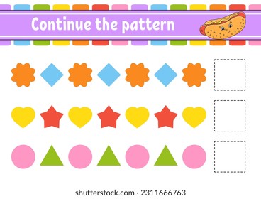 Continue the pattern. Education developing worksheet. Game for kids. Activity page. Puzzle for children. Riddle for preschool. Cute cartoon style. Vector illustration.
