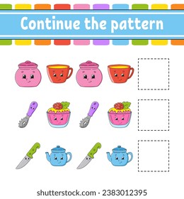 Continue the pattern. Education developing worksheet. Game for kids. Activity page. Puzzle for children. Riddle for preschool. Cute cartoon style. Vector illustration.