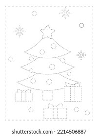 Continue the pattern  with pen, Christmas Tree ,dotted line practice worksheet for preschoolers  