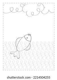 Continue the pattern  with pen, fish dotted line practice worksheet for preschoolers  