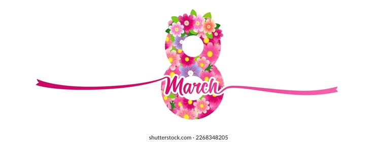 Continued long pink ribbon and flowers in shape of figure 8. Vector isolated element for March 8th, International Womens Day 