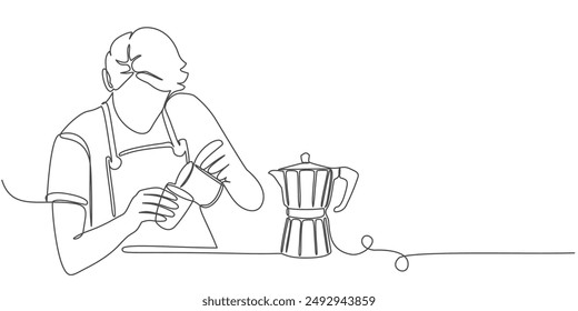 Continues line art illustration of barista pouring milk to coffee