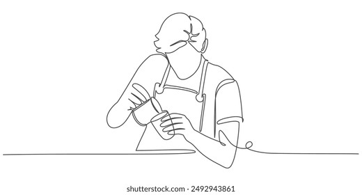 Continues line art illustration of barista pouring milk to coffee