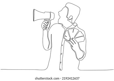 Continues line art of a man with megaphone or loudspeaker and money in hands. Social media marketing concept. Drawn by hand on white background. Vector illustration.
