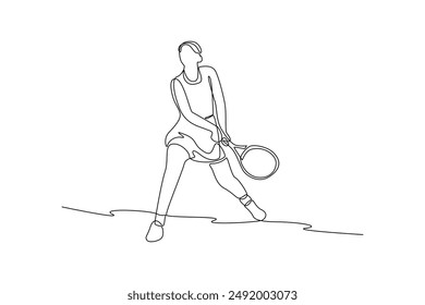 continues line art woman getting into a stance playing tennis illustrator line art