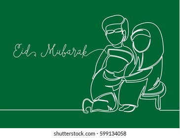 Continues line drawing of boy apologize to his parents as a tradition in Eid Mubarak ceremony. Greeting card of Happy Eid Mubarak. 

