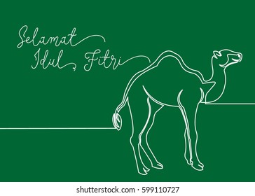 Continues line drawing of camel. Greeting card contain wording Selamat Idul Fitri in Indonesian language means Happy Eid Mubarak. 