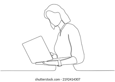 Continues Line drawing of girl with laptop in hands, one hand drawn single line art design. Business woman busy in her work