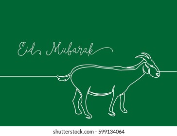 Continues line drawing of goat. Greeting card contain of Happy Eid Mubarak. 