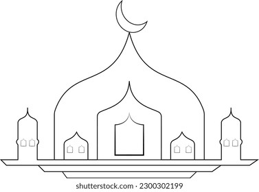 Continues line drawing of masjid.  islamic symbol sign isolated one white background.
