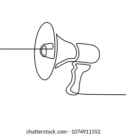 Continues Line Drawing of Megaphone Icon. Social Media Marketing Concept. Drawn by Hand on White Background. Vector Illustration.