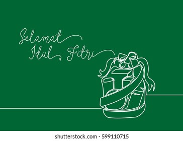Continues line drawing of parcel with food, drink, snack, and cookies inside. Greeting card contain wording Selamat Idul Fitri in Indonesian language means Happy Eid Mubarak. 