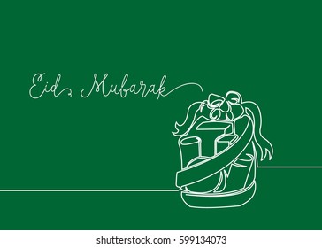Continues line drawing of parcel with food, drink, snack, and cookies inside. Greeting card of Happy Eid Mubarak. 
