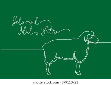 Continues line drawing of sheep. Greeting card contain wording Selamat Idul Fitri in Indonesian language means Happy Eid Mubarak. 