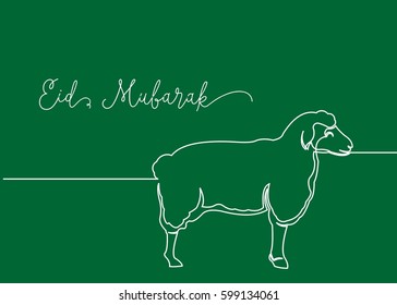Continues line drawing of sheep. Greeting card contain of Happy Eid Mubarak. 
