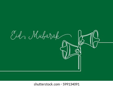 Continues line drawing of speakers that usually muslim use for spreading adzan, calling for praying. Greeting card of Happy Eid Mubarak. 
