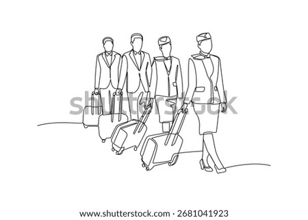 Continues line of flight attendants walking with luggage Single line drawing vector graphic design illustration