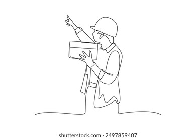 continues line one line art head of construction wearing a helmet pointing