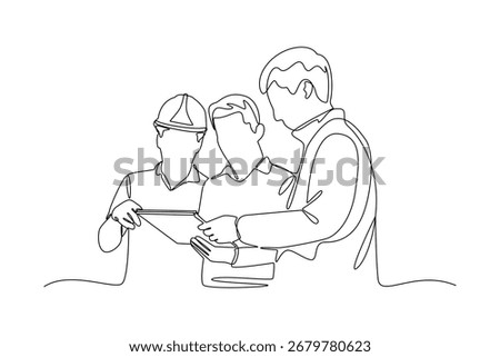 Continues line and simple line of group of architects checking design Single line drawing vector graphic design illustration