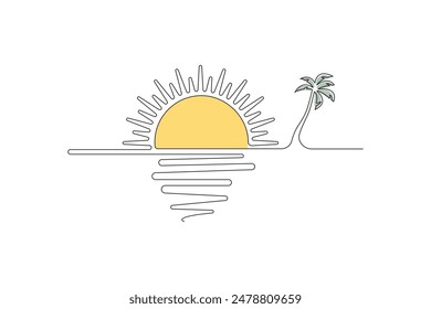 Continues One line drawing of sunset at beach view Vector