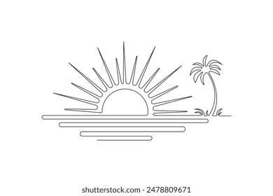 Continues One line drawing of sunset at beach view Vector