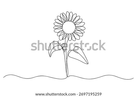 Continues One-Line Drawing of a Sunflower and Leaf vector illustration
