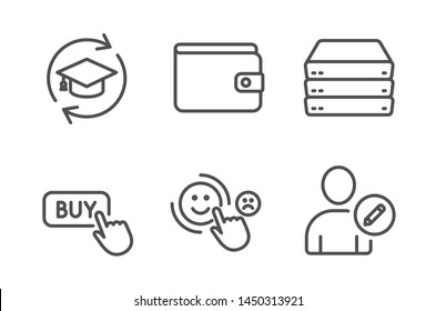 Continuing education, Buy button and Customer satisfaction icons simple set. Money wallet, Servers and Edit user signs. Online education, Online shopping. Business set. Line continuing education icon