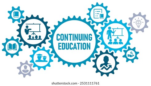 Conceito de educação continuada banner web website ícones vetor ilustração conceito com ícones de seminário, estudo, aprendizagem, competência, qualificação, desenvolvimento, sobre fundo branco ícones sólidos,