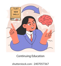 Continuing education. Lifelong learning and skill acquisition showcased by an enthusiastic professional female worker. Embracing knowledge for career progression. Flat vector illustration