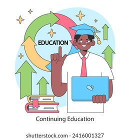 Continuing education. Lifelong learning and skill acquisition showcased by an enthusiastic professional male worker. Embracing knowledge for career progression. Flat vector illustration