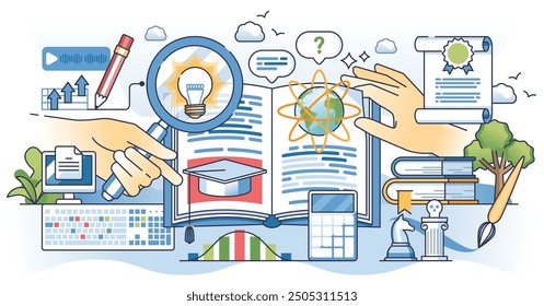 Continuing education and lifelong personal development outline concept. Scientific learning with STEM course for cognition skills growth vector illustration. Smart online e-learning book platform.