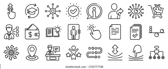 Continuing education, Methodology and Exhibitors icons. Artificial intelligence, Balance, Refer friend line icons. Swipe up, Elastic, Click here, Refer. Cross sell, Third party, Multichannel. Vector
