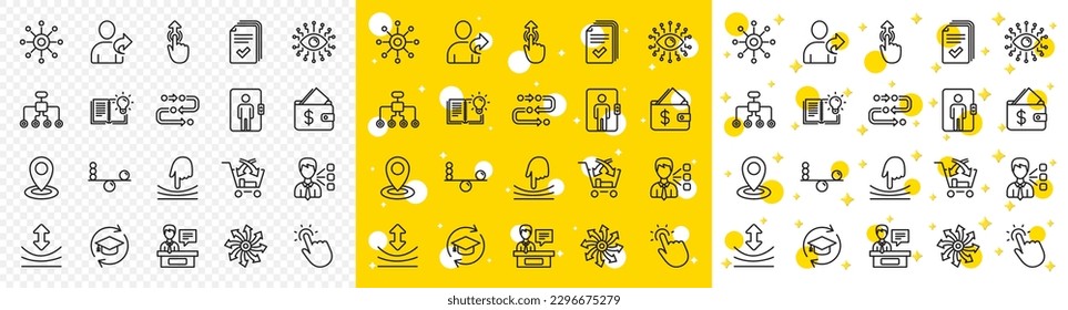 Continuing education, Methodology and Exhibitors icons. Artificial intelligence, Balance, Refer friend line icons. Swipe up, Elastic, Click here, Refer. Cross sell, Third party, Multichannel. Vector