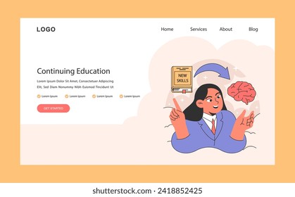 Continuing education web or landing. Lifelong learning and skill acquisition. Enthusiastic professional female worker embracing knowledge for career progression. Flat vector illustration