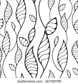 Continuing line with leaves, seamless pattern, monochrome